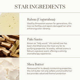 Rahua ingredients close-up featuring Rahua oil and Palo Santo for nourishment