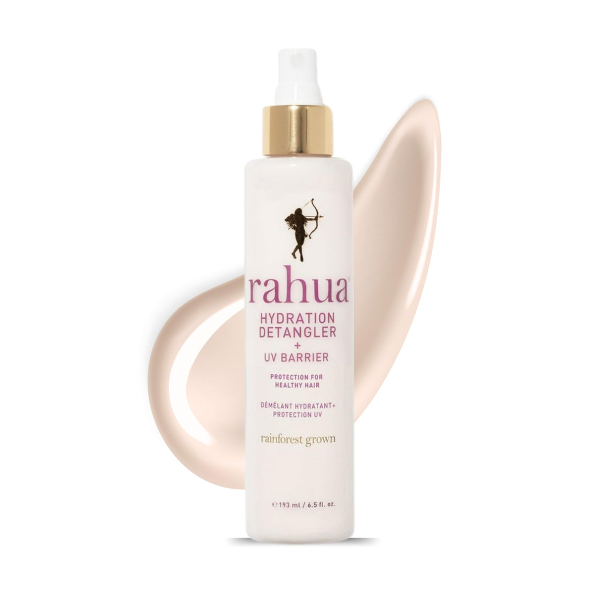 Rahua bottle front packaging showing label and 6.5 oz size, promotes lightweight detangling