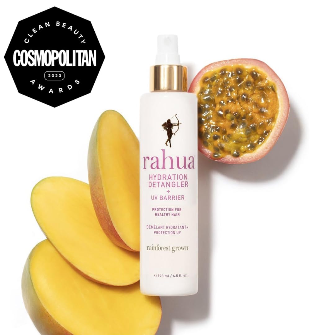 Rahua detangler being used during blowdrying, preventing breakage and easing styling