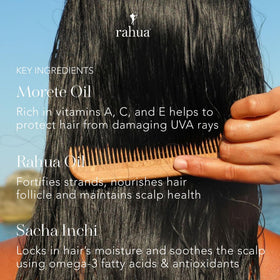 Rahua Morete oil close-up droplet highlighting UV barrier benefit for color protection