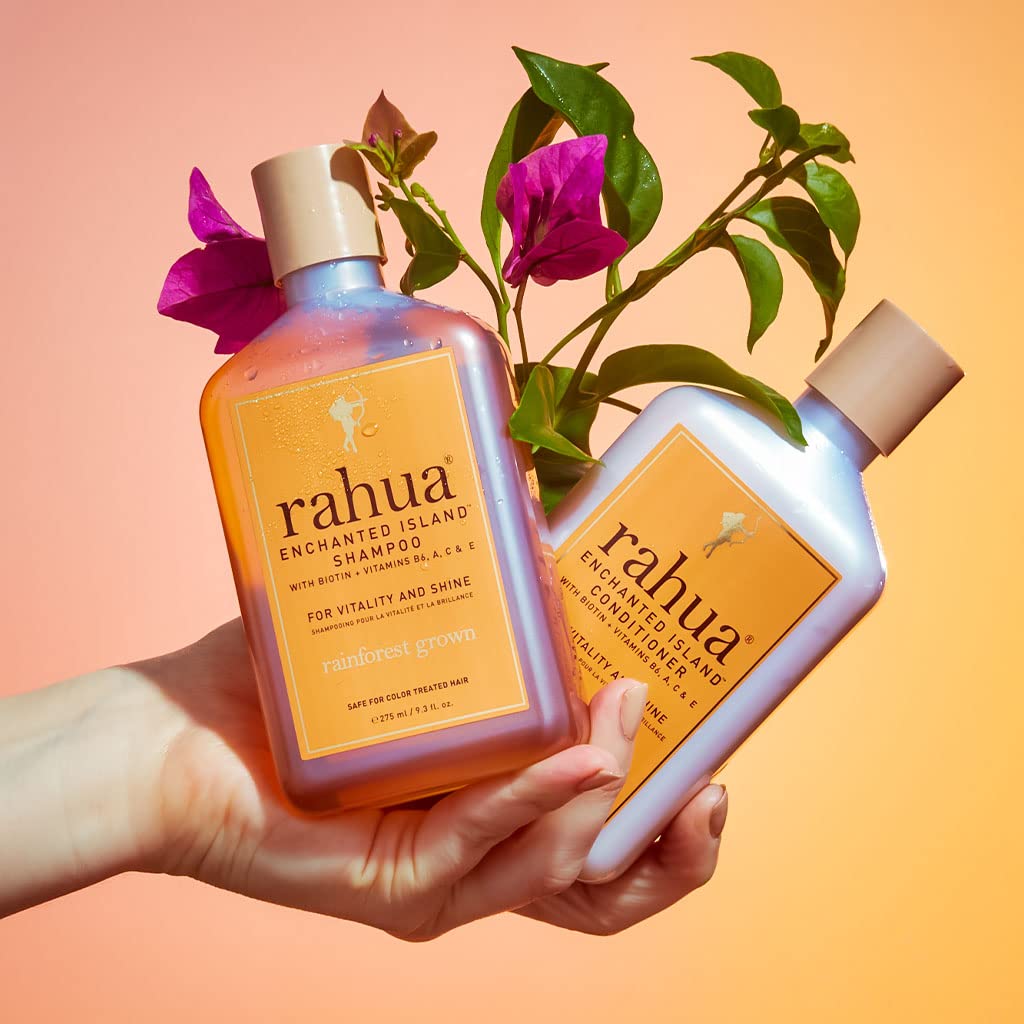 Rahua bottle staged in bathroom lifestyle setting showing luxurious daily ritual benefit