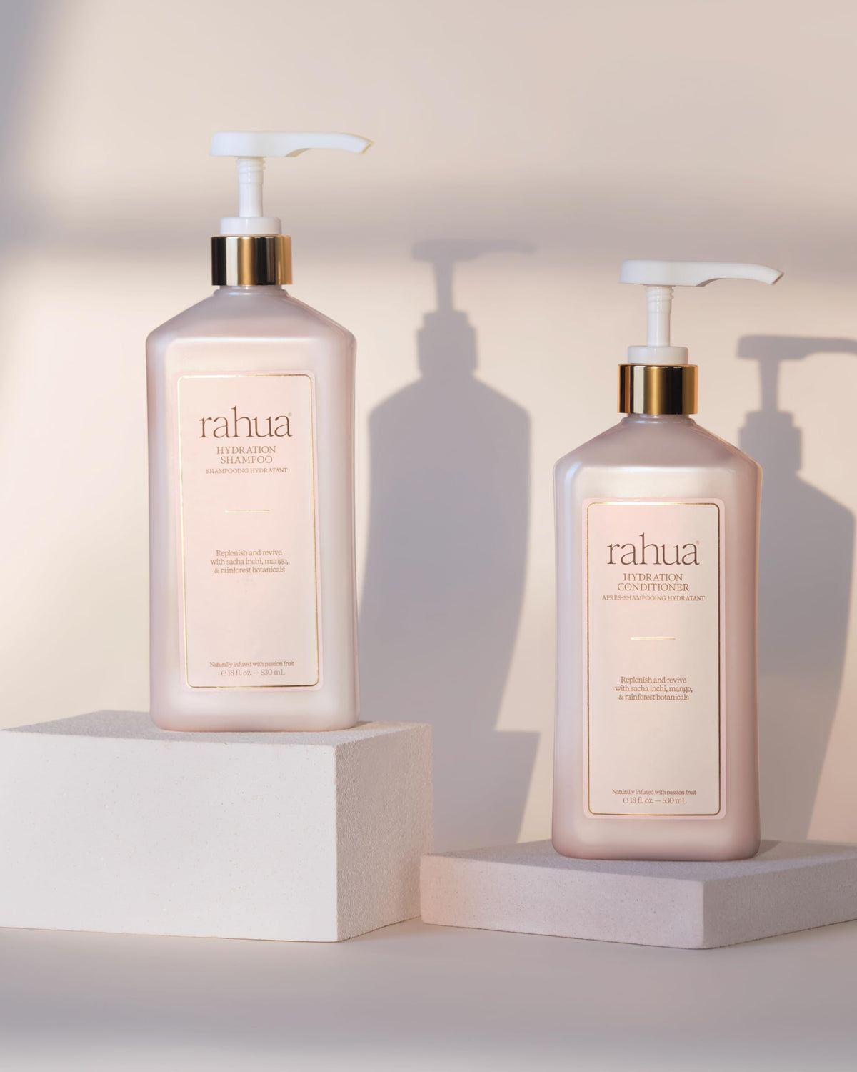 Rahua shampoo in bathroom lifestyle setting conveying luxury and eco-friendly care