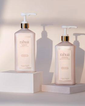 Rahua shampoo in bathroom lifestyle setting conveying luxury and eco-friendly care