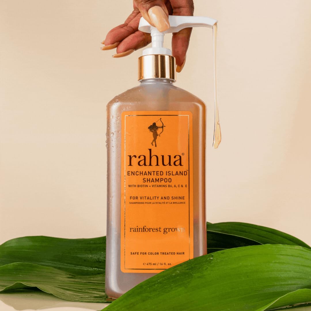Rahua shampoo pour and creamy lather close-up demonstrating rich texture and gentle cleansing