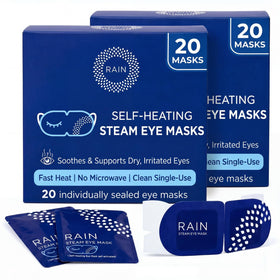 Rain front packaging showing 40 unscented steam masks and travel-ready supply