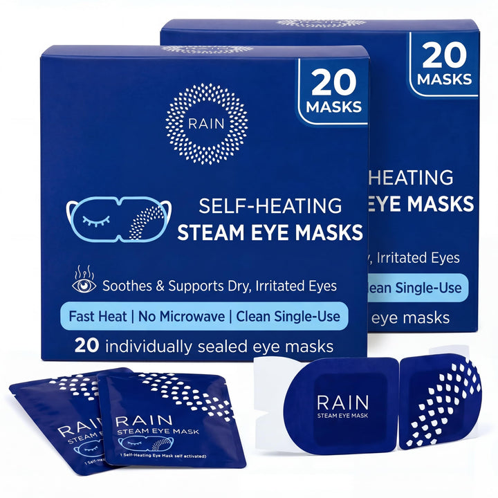 Rain front packaging showing 40 unscented steam masks and travel-ready supply