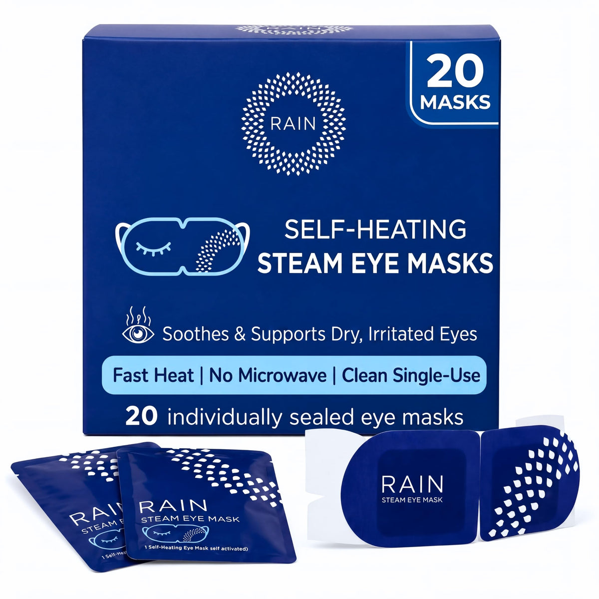 Rain front packaging showing 20 disposable masks and portability benefit