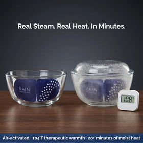Rain mask front view on face demonstrating comfortable moist heat coverage