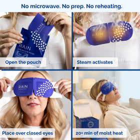 Rain mask in use while reclining illustrating soothing warm compress benefit