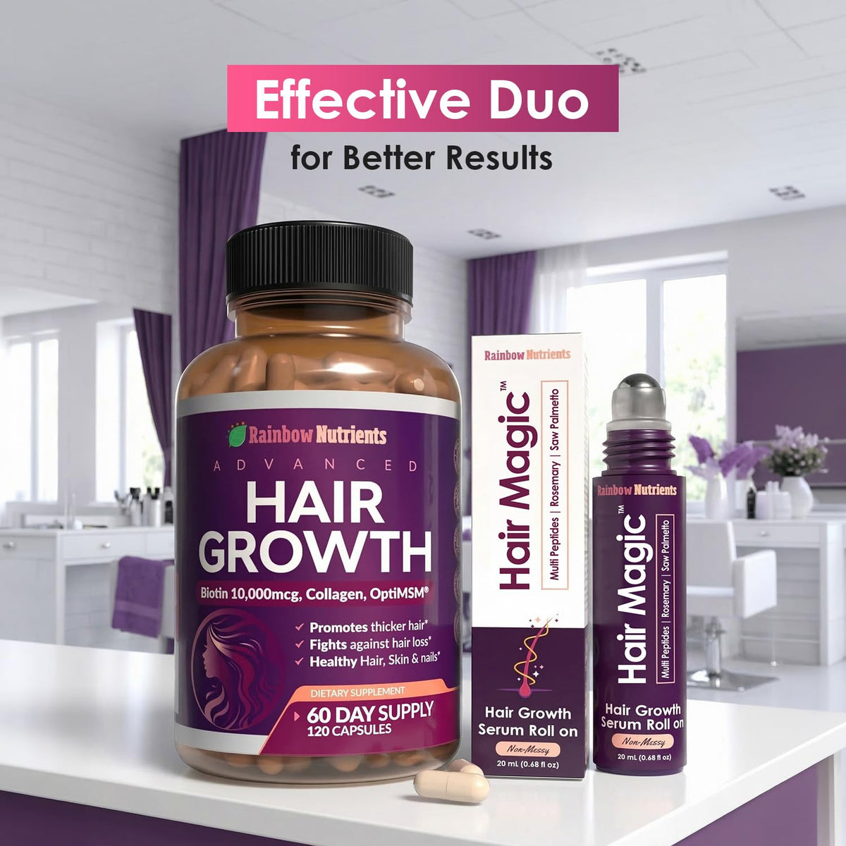 Rainbow Nutrients bottle on bathroom shelf showing daily routine use