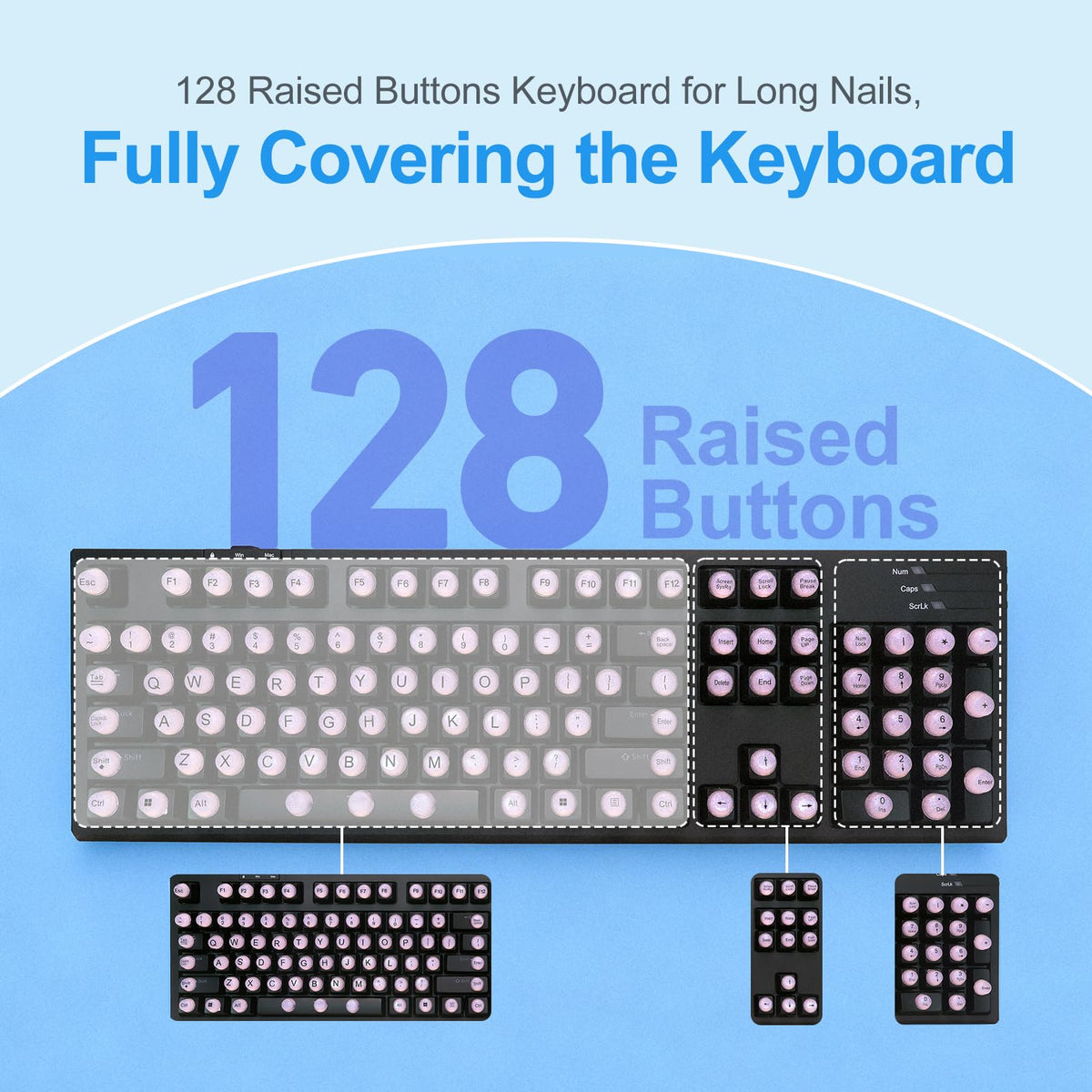 Raised Button single keycap fitted on a desktop key demonstrating nail protection