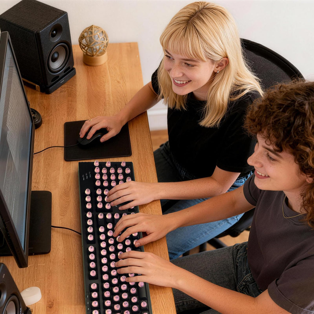 Raised Button in use with long-nailed hands typing comfortably and protected