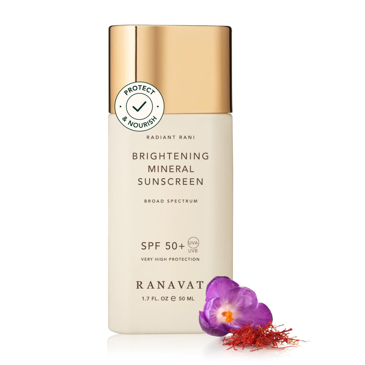 RANAVAT BOTANICS front packaging showing SPF 50 protection and benefit