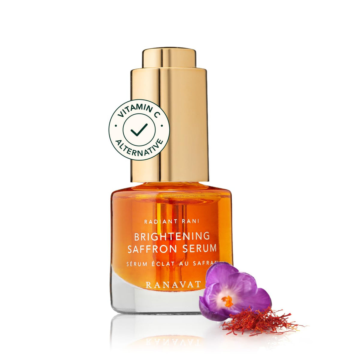 RANAVAT BOTANICS front packaging showing compact saffron serum for travel-friendly glow