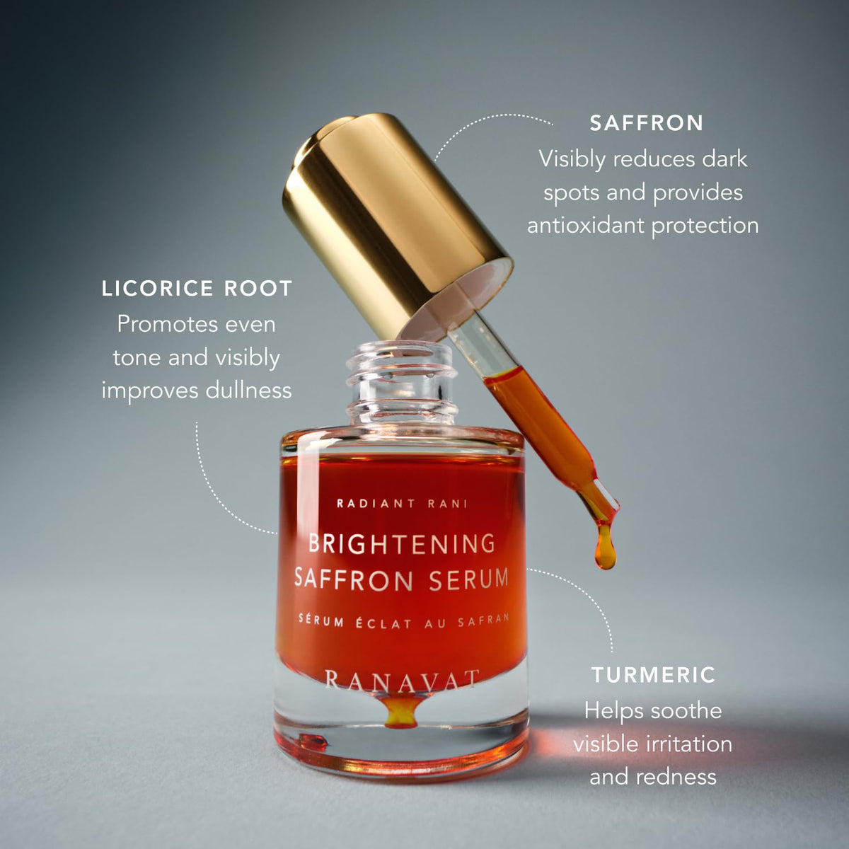 RANAVAT BOTANICS serum texture pooled to show lightweight, fast-absorbing finish