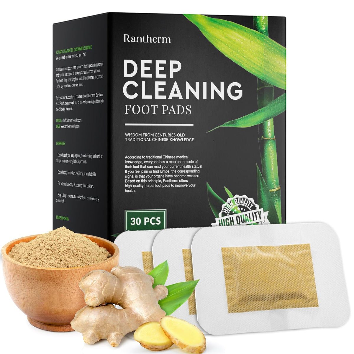 Rantherm patches on bedside table in a relaxed bedroom scene suggesting easy nightly routine