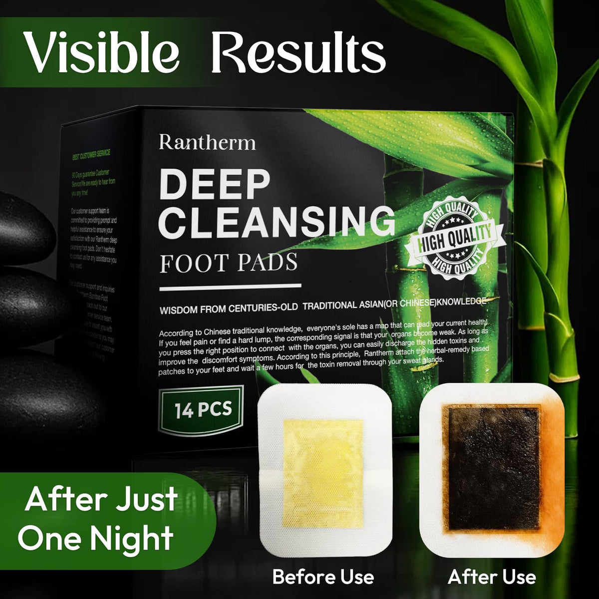 Rantherm patches on feet in bed demonstrating overnight application comfort