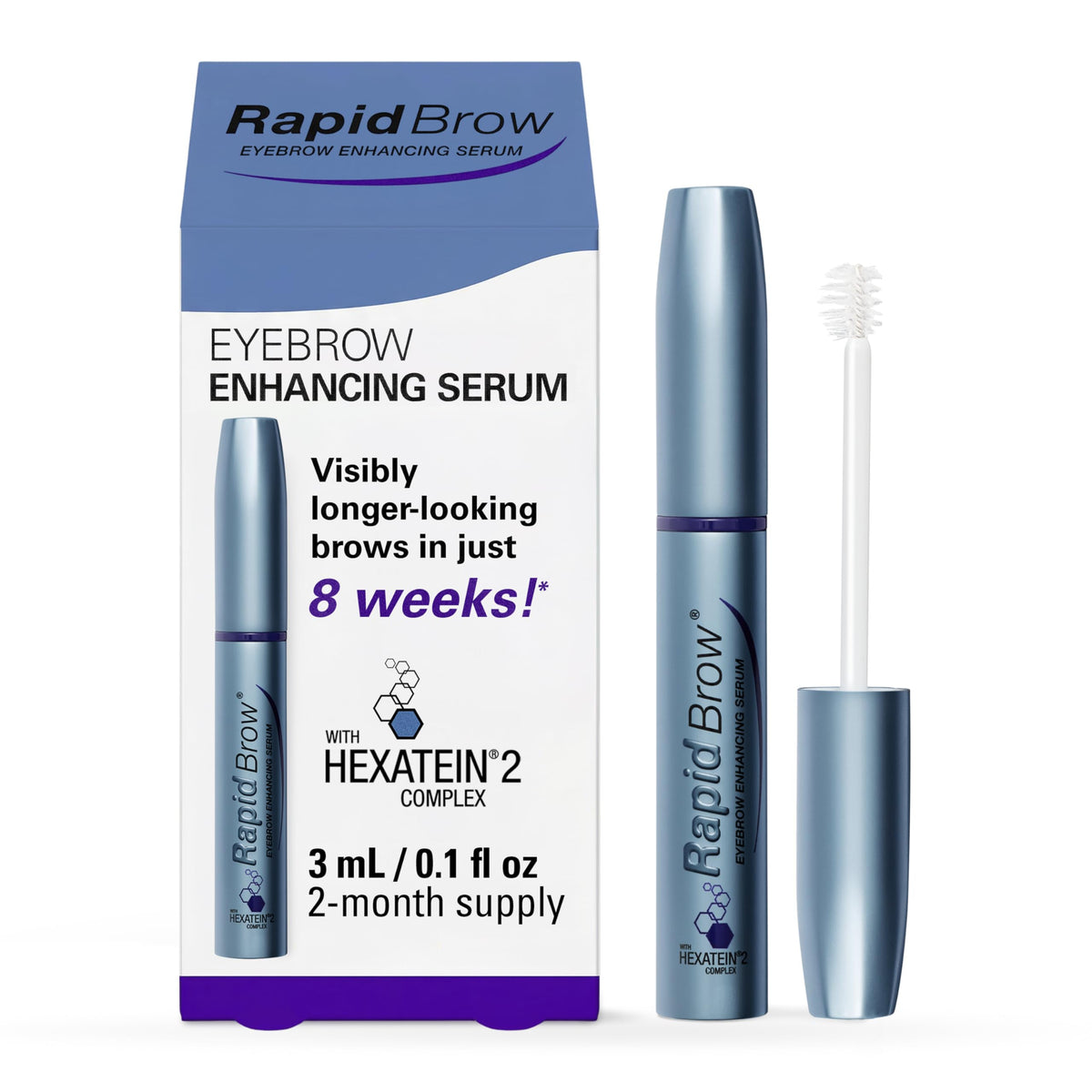 RapidBrow front packaging showing 3 mL bottle and branding benefit: easy travel size