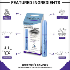 RapidBrow label close-up listing Hexatein 2 Complex ingredients for visible enhancement