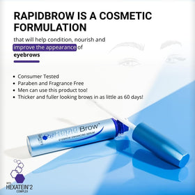 RapidBrow serum texture on finger highlighting hydrating shine and smooth finish