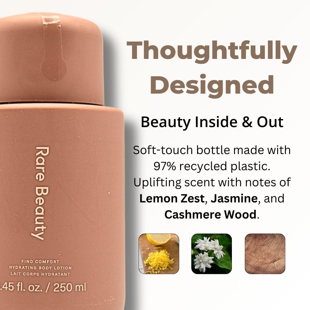 Rare Beauty lotion on bathroom shelf styled to convey cozy daily ritual