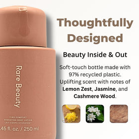 Rare Beauty lotion on bathroom shelf styled to convey cozy daily ritual