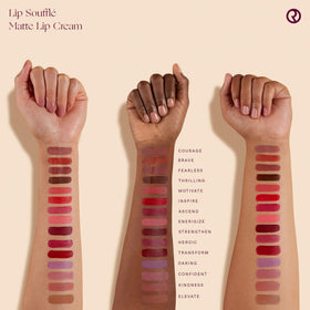 Rare Beauty worn on lips in lifestyle shot showing comfortable matte finish benefit
