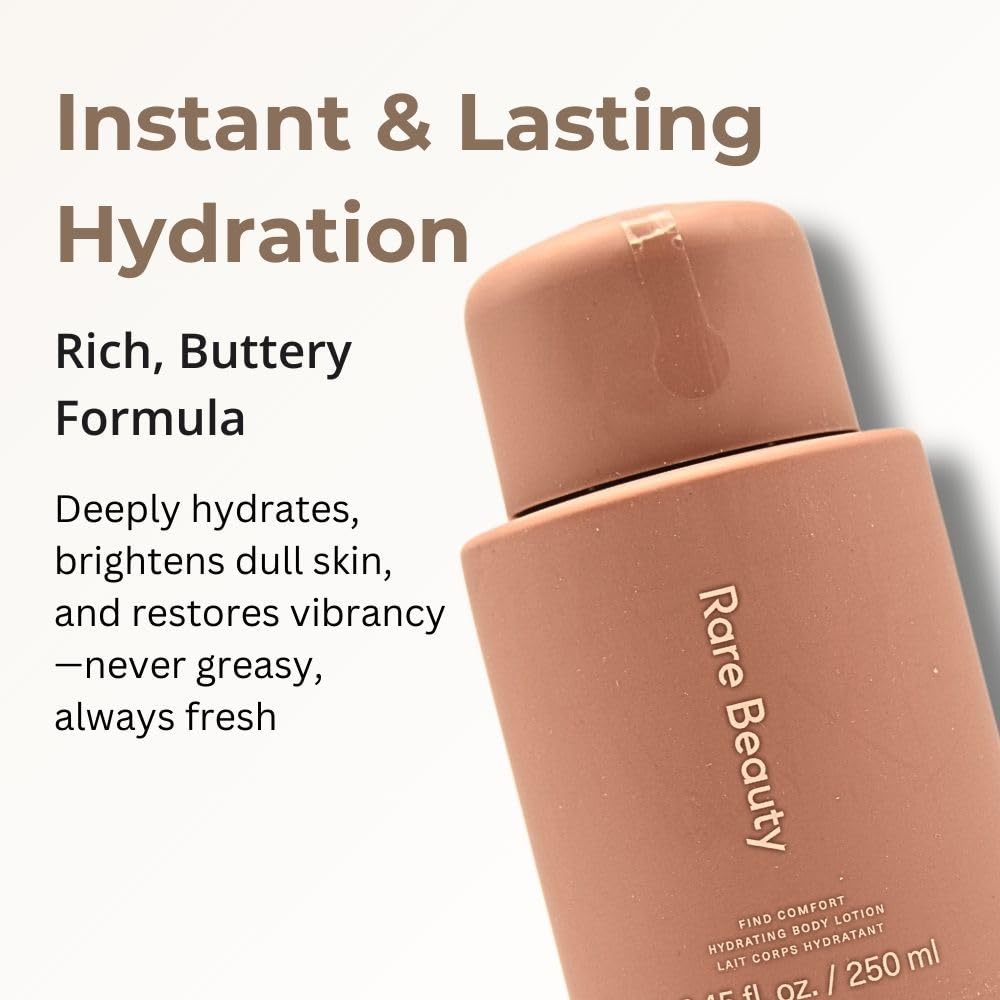 Rare Beauty dispensing lotion onto hand to show easy, non-greasy application
