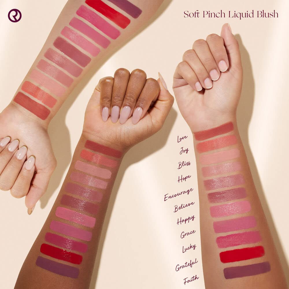 Rare Beauty lifestyle shot of blush applied on cheek, natural radiant glow