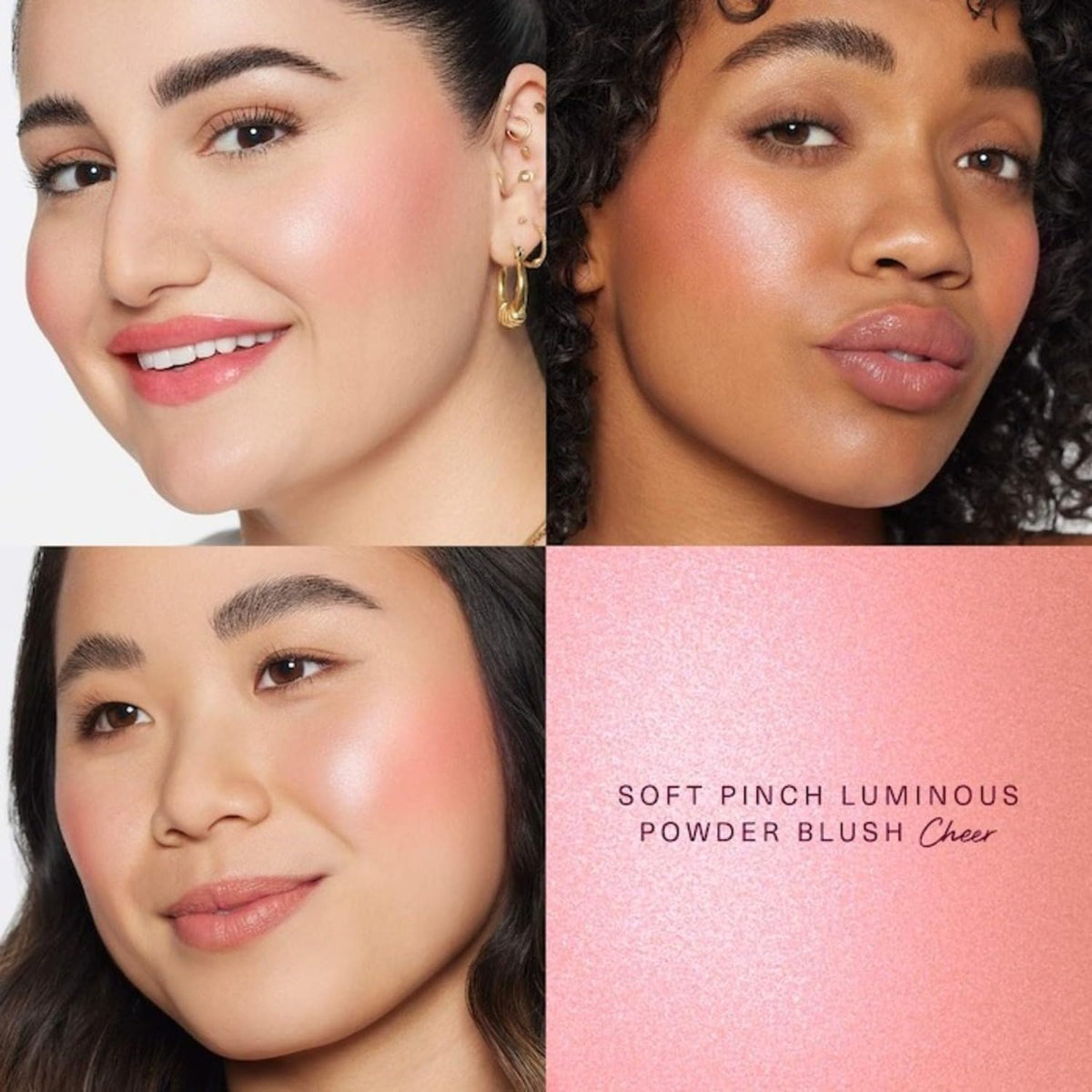 Rare Beauty opened pan revealing Cheer powder texture for buildable, radiant color