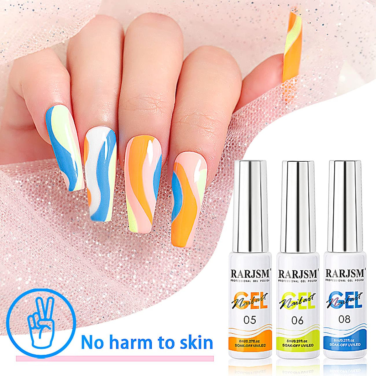 RARJSM color swatches on a nail wheel displaying vibrant neon and metallic options