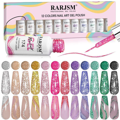 RARJSM front packaging showing 12 reflective glitter gel bottles and colors