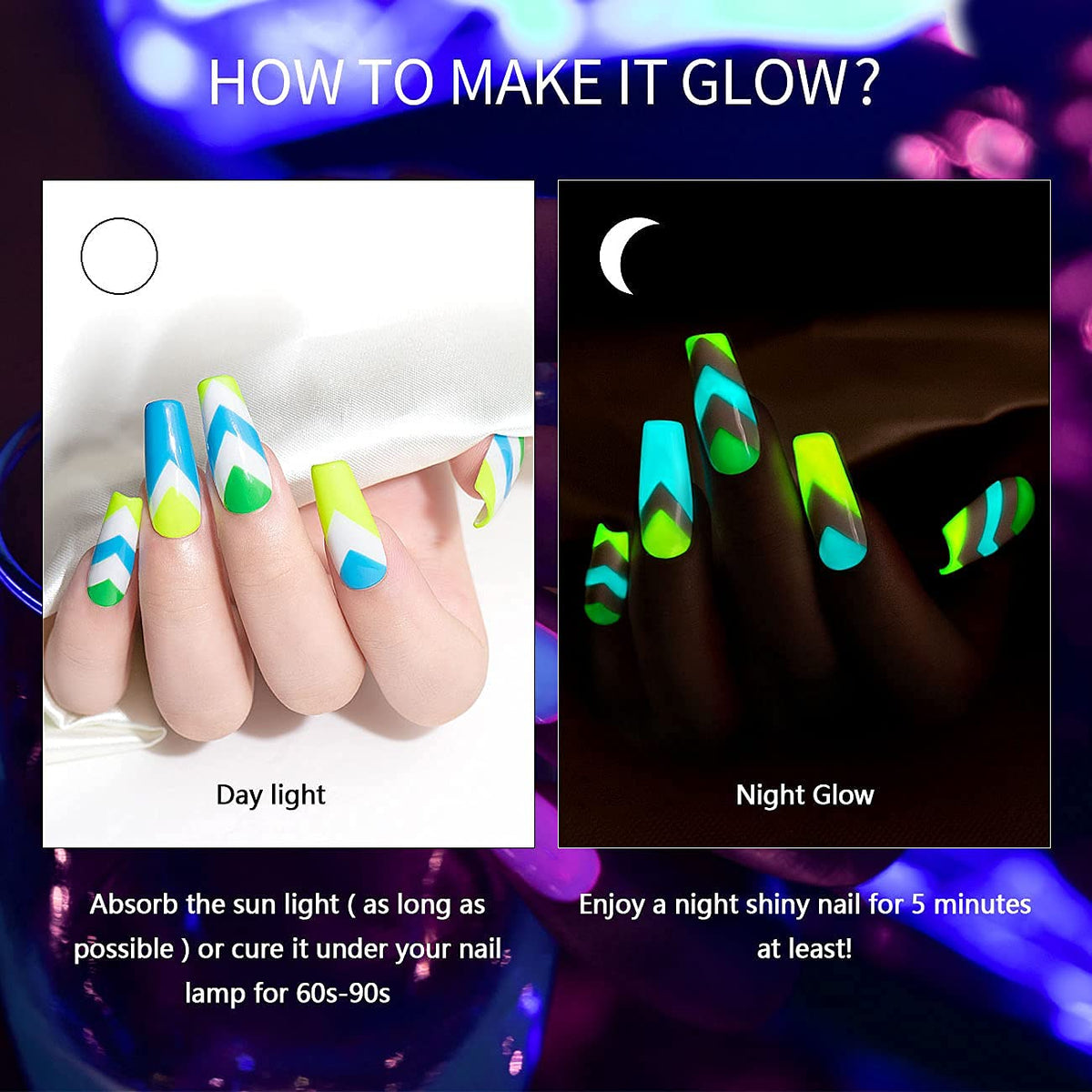 RARJSM glowing nails in darkness demonstrating luminous effect after charging