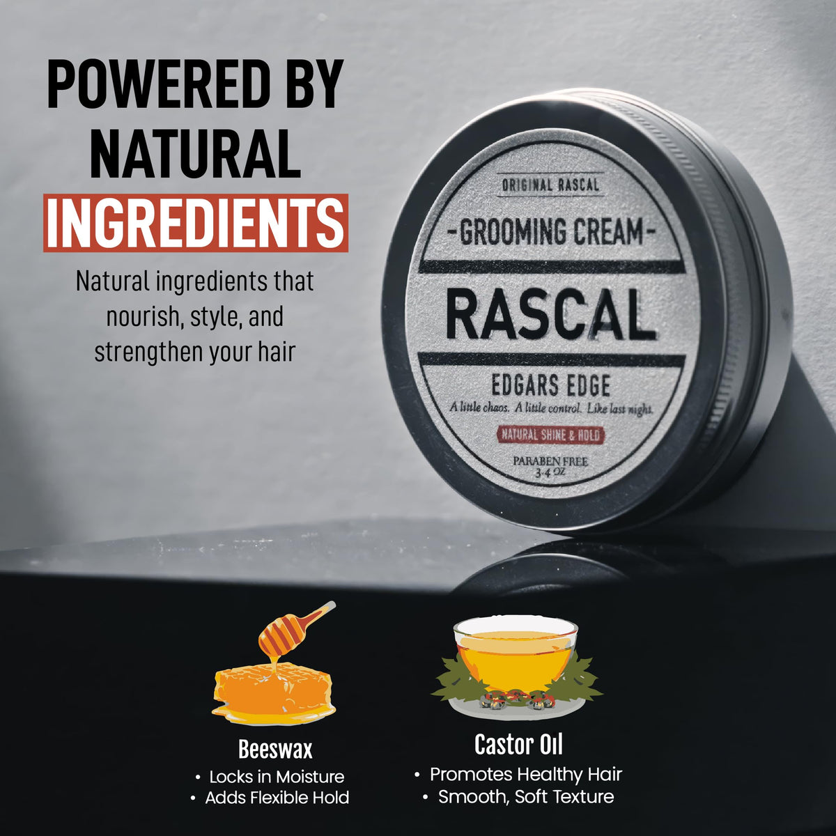 rascal styled hair front view showing natural shine and medium hold finish