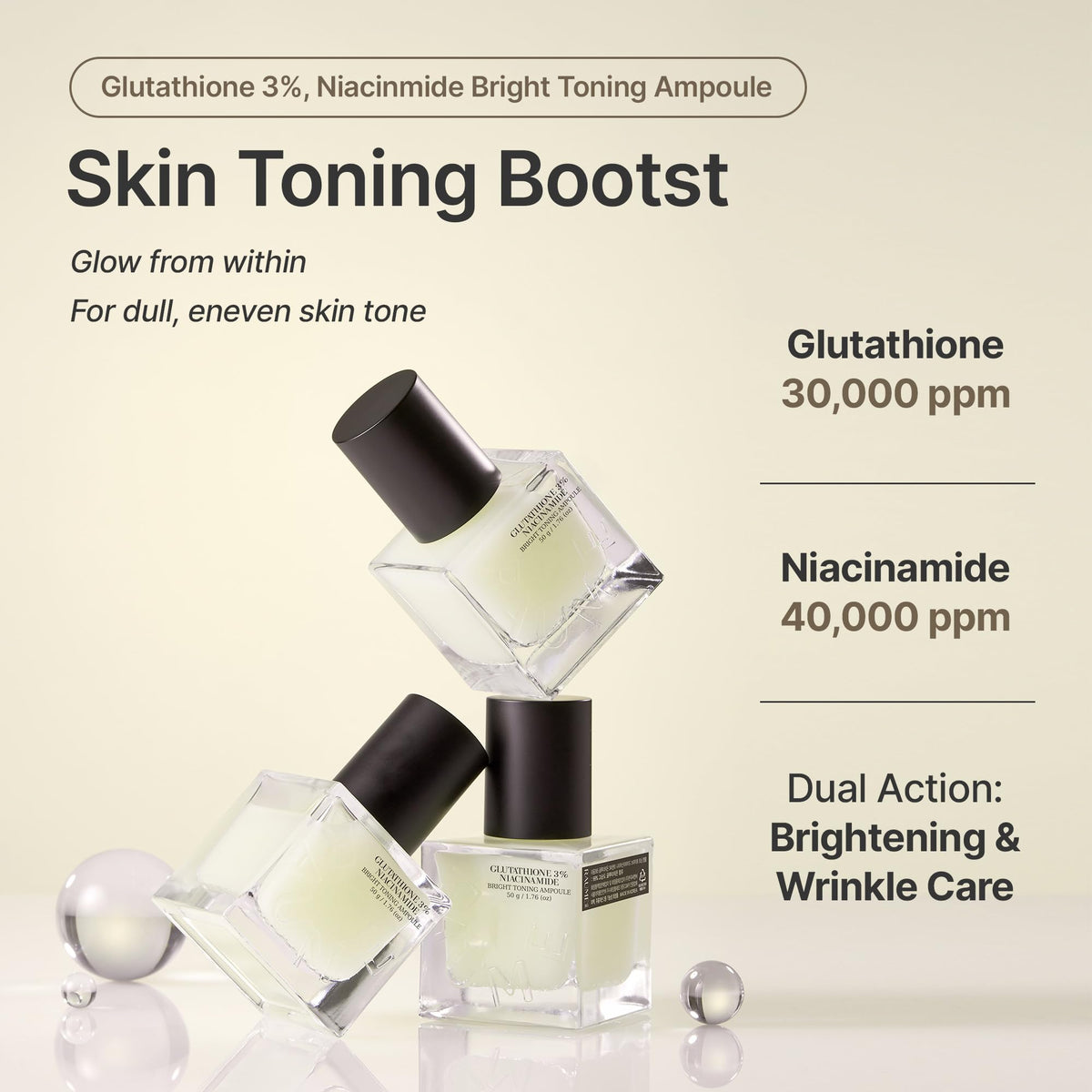 RAUME label showing glutathione and niacinamide concentrations for ingredient transparency