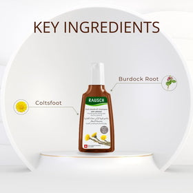 Close-up of coltsfoot leaf beside Rausch bottle highlighting botanical ingredient and calming benefit