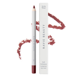 Ravie Beauty lip liner front packaging showing shade Fig and branding for shelf appeal