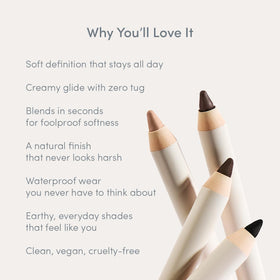 Ravie Beauty pencil next to makeup bag showing travel-ready longwear performance