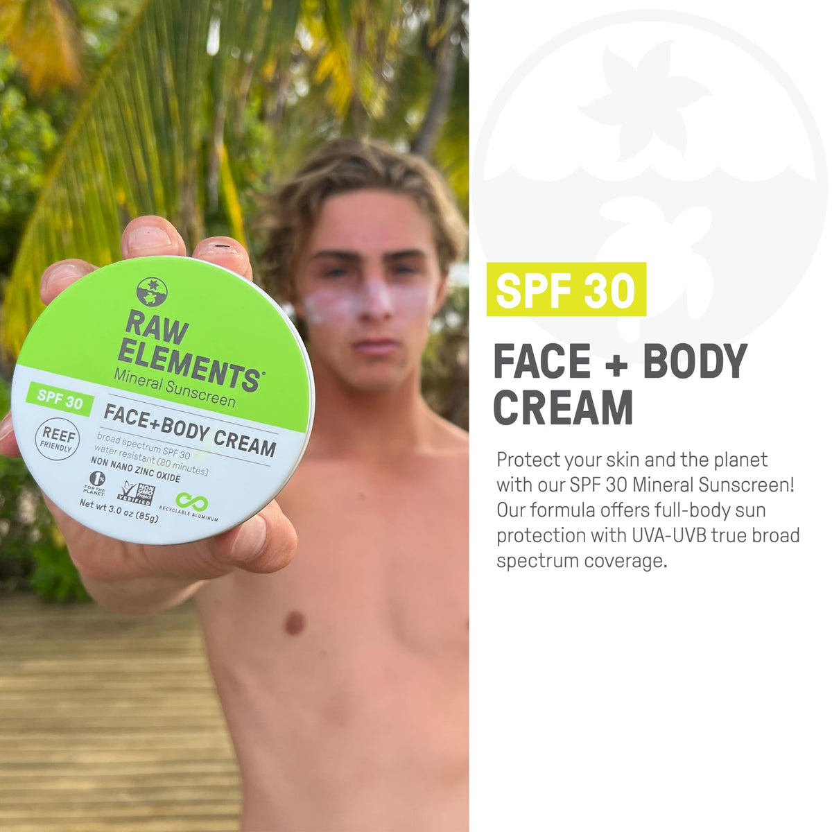 Raw Elements applying sunscreen on arm demonstrating easy spreadability and coverage
