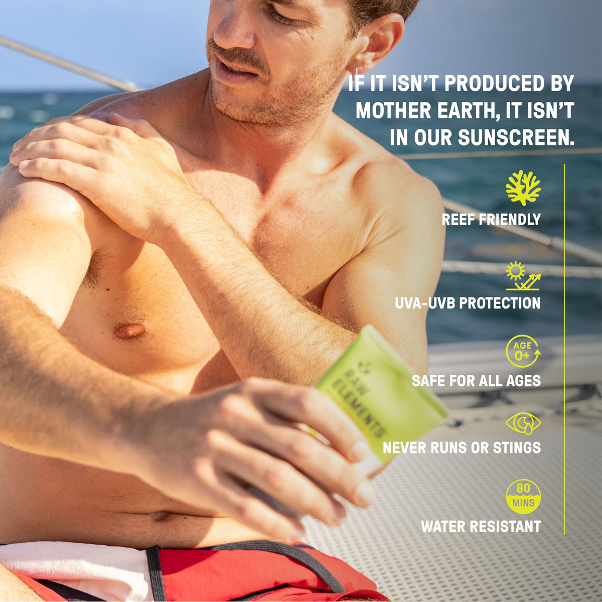 Raw Elements applying sunscreen to arm illustrating water-resistant protection benefits