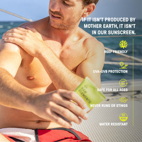 Raw Elements applying sunscreen to arm illustrating water-resistant protection benefits
