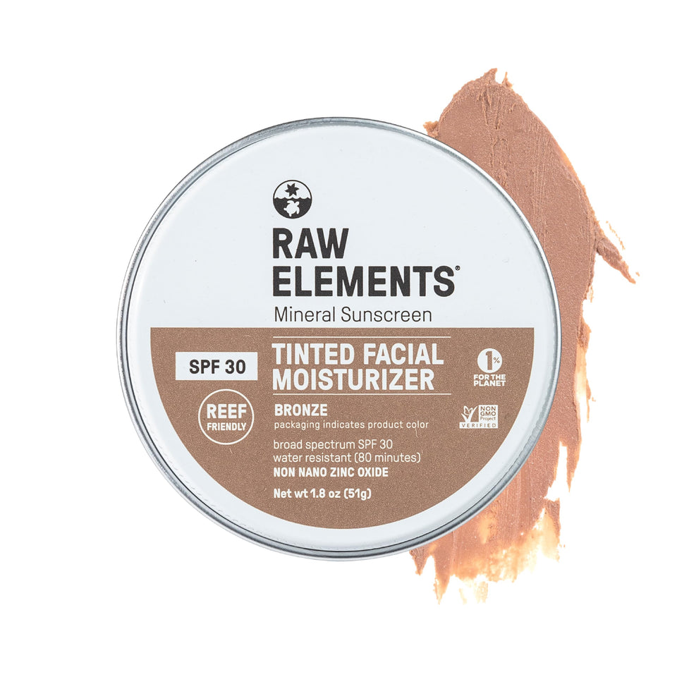 Raw Elements front packaging in bronze showing SPF 30 and moisturizing benefits