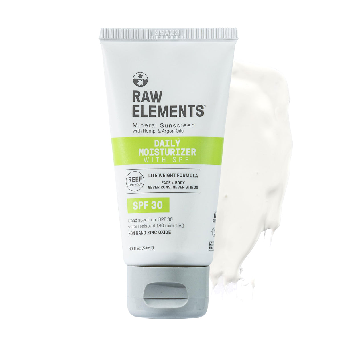 Raw Elements front packaging showing SPF 30 and travel-friendly tube benefit
