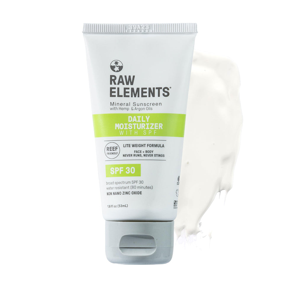 Raw Elements front packaging showing SPF 30 and travel-friendly tube benefit