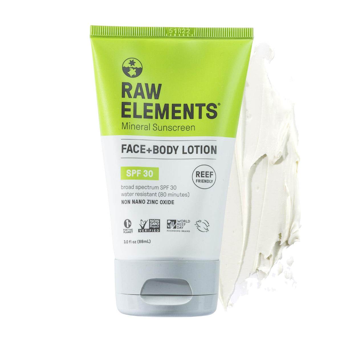 Raw Elements front tube showing SPF 30 and organic labeling for clear protection