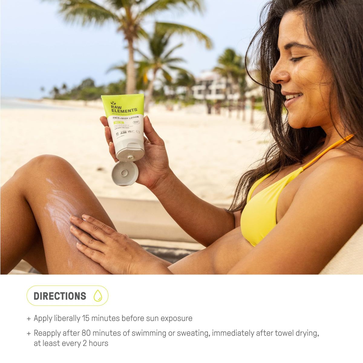 Raw Elements sunscreen in use at beach showing reef-safe choice for outdoor activities