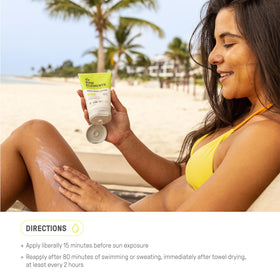 Raw Elements sunscreen in use at beach showing reef-safe choice for outdoor activities