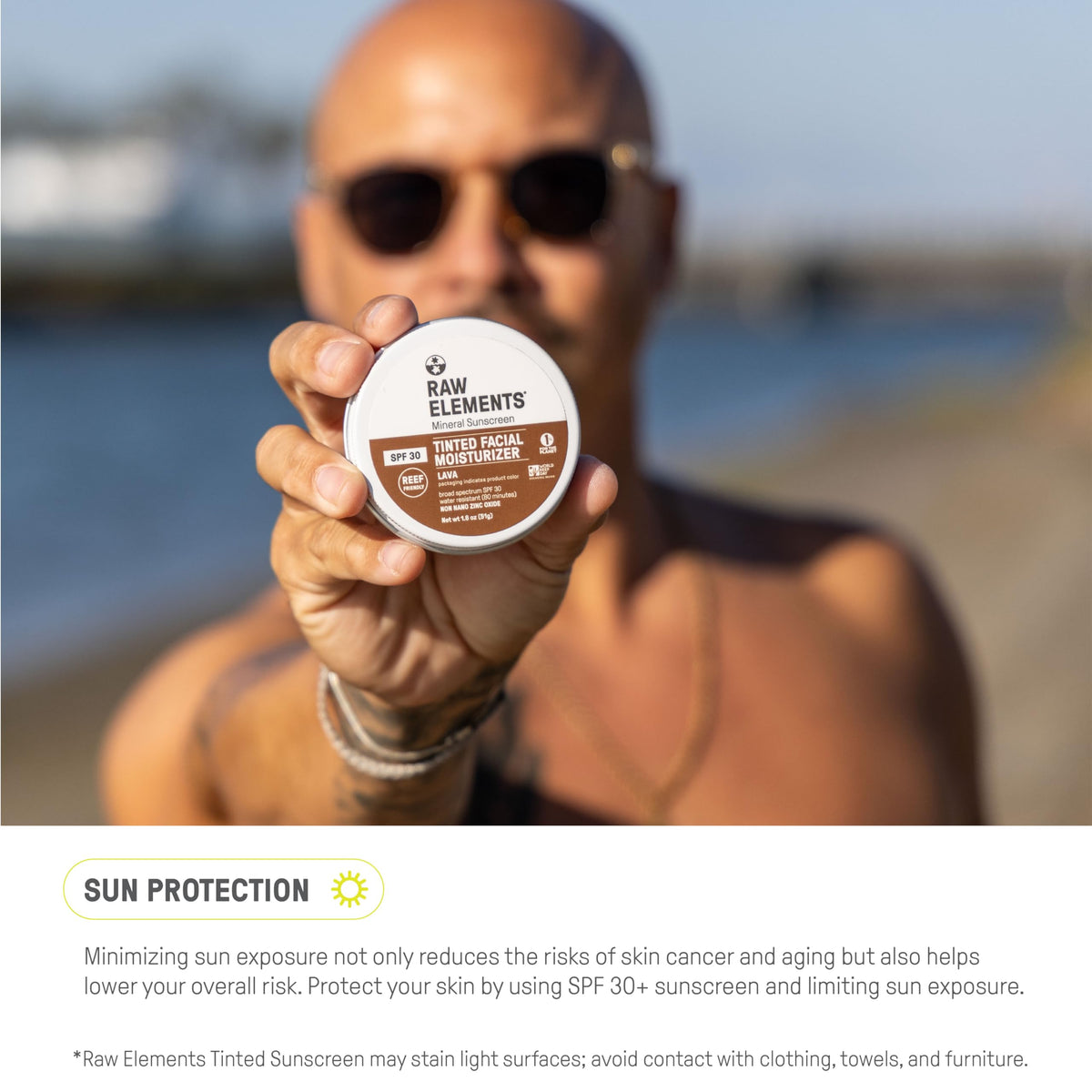 Raw Elements applied outdoors on face demonstrating daily protection and glow