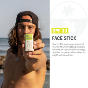 Raw Elements stick being applied to cheek for quick, no-mess sun coverage