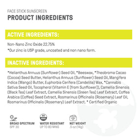 Raw Elements stick ingredients label focusing on non-nano zinc oxide and organic content
